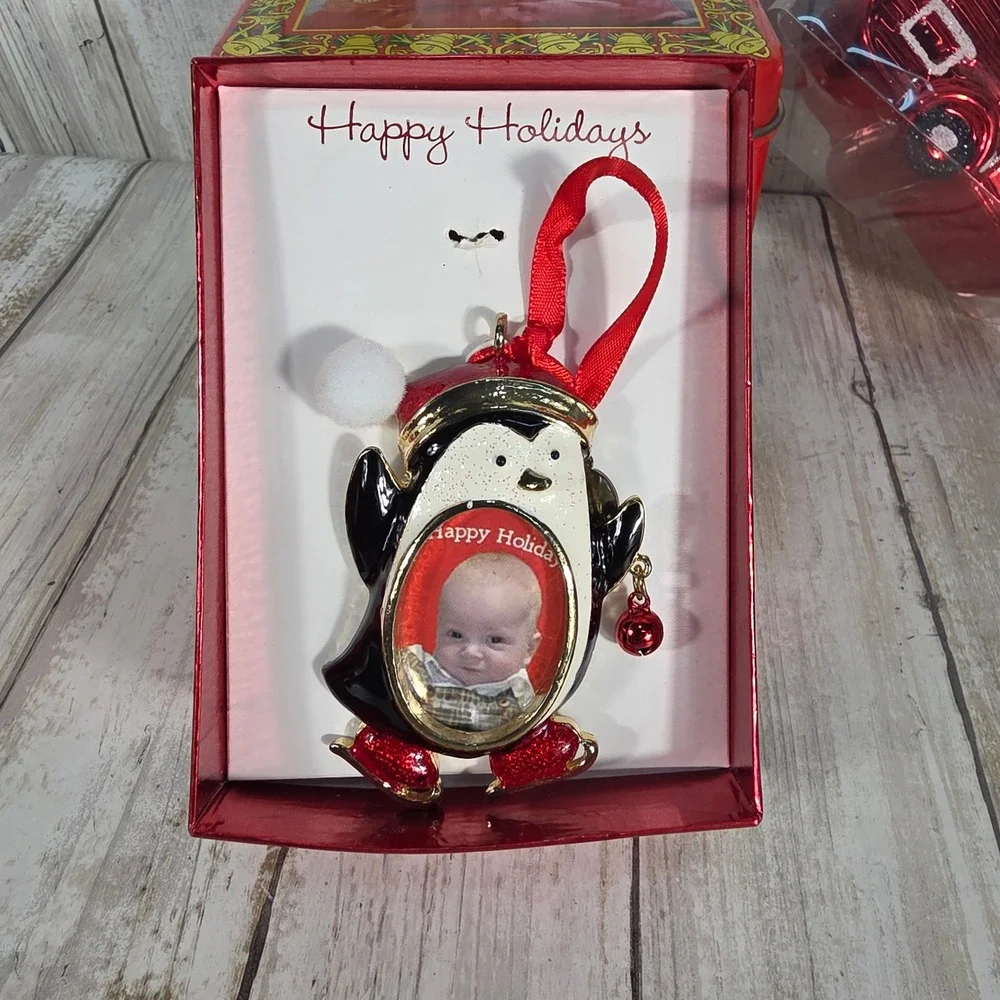 Coca-Cola Santa Tin & Christmas Ornaments Bundle Red Camper Penguin Photo Frame